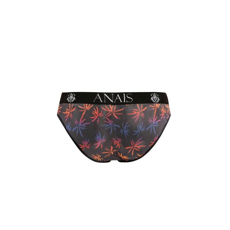 Close-up da Cueca Slip ANAIS MEN Chill com tule estampado de palmeiras festivas e detalhes de tecido macio.