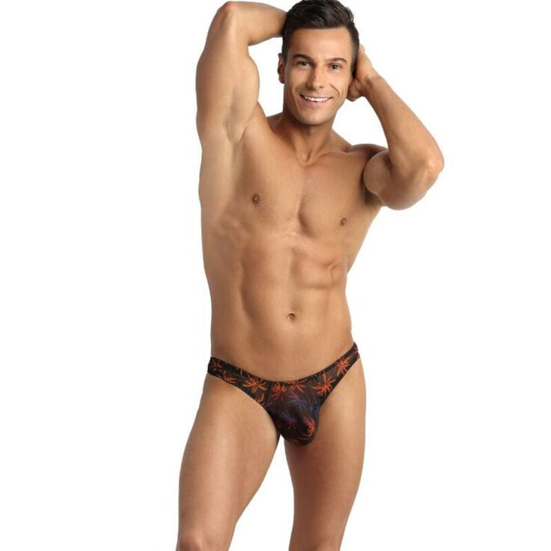 Tanga Masculina ANAIS MEN Chill String S em tule preto com estampa colorida, vista de perto.