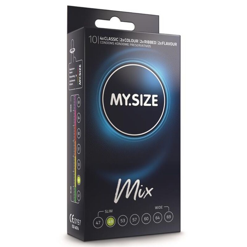 Pack de preservativos MY SIZE Mix Variados 49MM com 10 unidades, mostrando a variedade e embalagem.