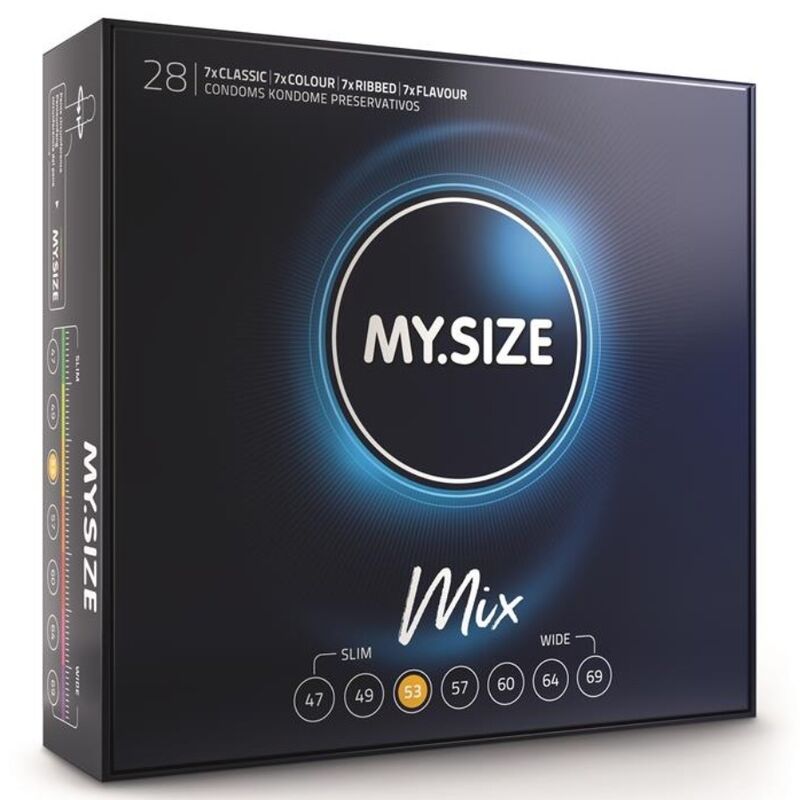 Close-up of the MY SIZE Preservativos Mix 53mm 28 Unidades Variadas showcasing packaging and types.