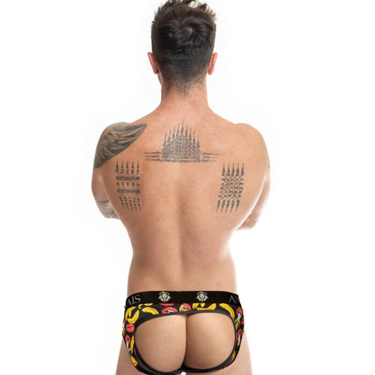 Anais Men Jock Bikini Banana, mostrando o design com costas abertas e estampa de banana.