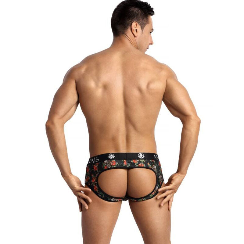 ANAIS Men Power Jock Bikini transparente com rosas e caveiras, destacando o design com nádegas abertas.
