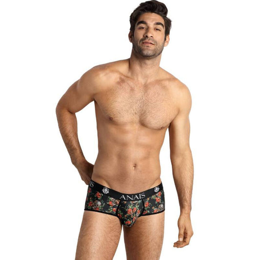 ANAIS MEN Power Brief Transparente Modal S com estampa de rosas e caveiras, detalhe do tecido e corte esportivo.