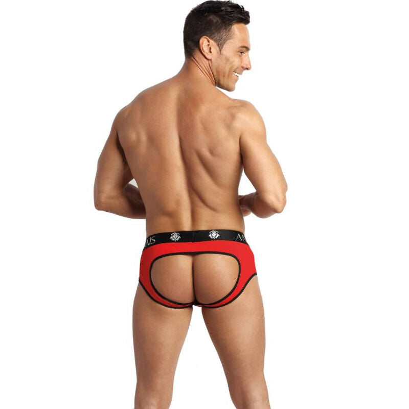 ANAIS MEN Jock Bikini Soul com Nádegas Abertas em microfibra vermelha e preta, destacando o design ousado e o tecido macio.