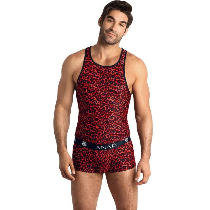 Top masculino ANAIS MEN Tribal em microfibra vermelha com estampa animal, detalhe de tecido e corte.