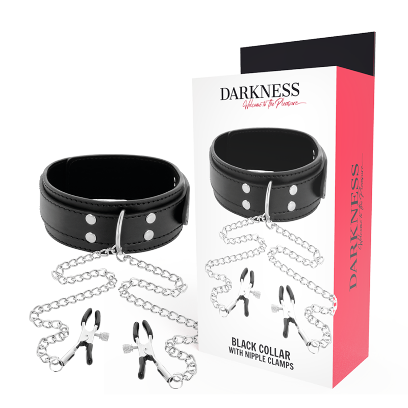 Colar BDSM Darkness com grampos de mamilo pretos e corrente de metal para jogos de bondage e estimulação.