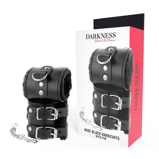 Darkness Algemas de Couro Ajustáveis Pretas com Forro, mostrando o material de couro PVC e o revestimento interno macio.