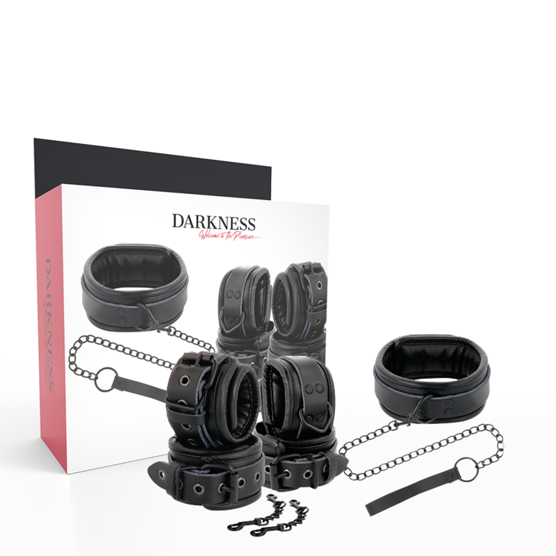 Darkness Conjunto Algemas e Coleira Ajustáveis em Couro Preto