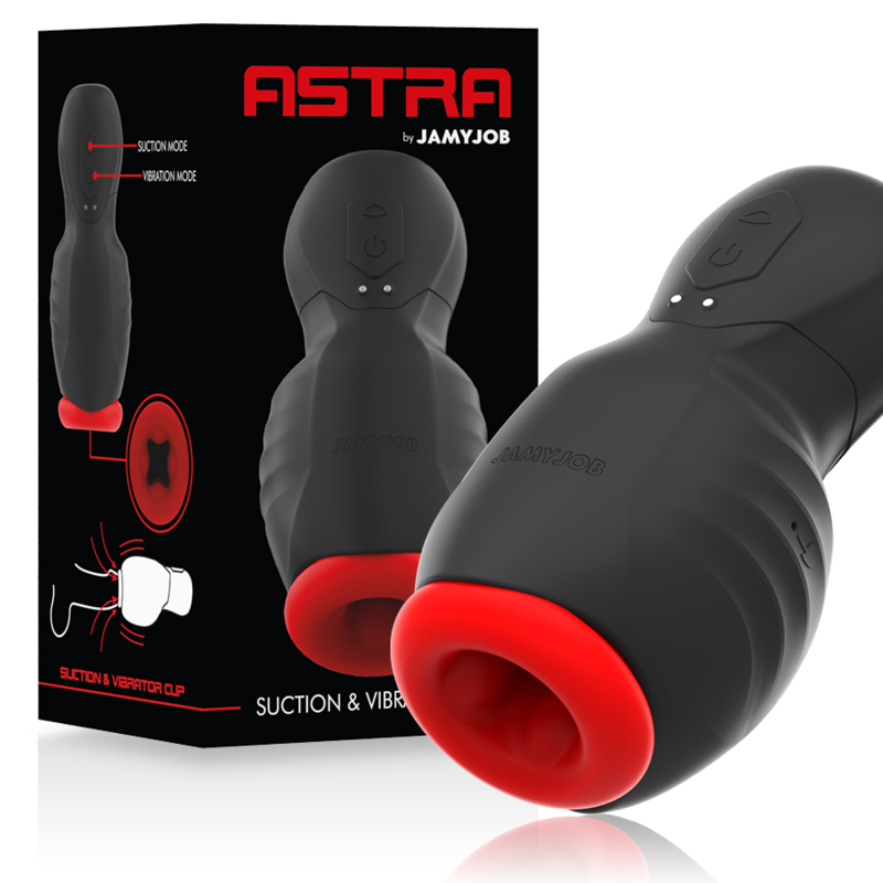 Masturbador masculino JAMYJOB Astra com design ergonómico e funcionalidades de vibração e sucção.