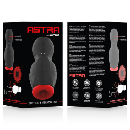 Masturbador masculino JAMYJOB Astra com design ergonómico e funcionalidades de vibração e sucção.