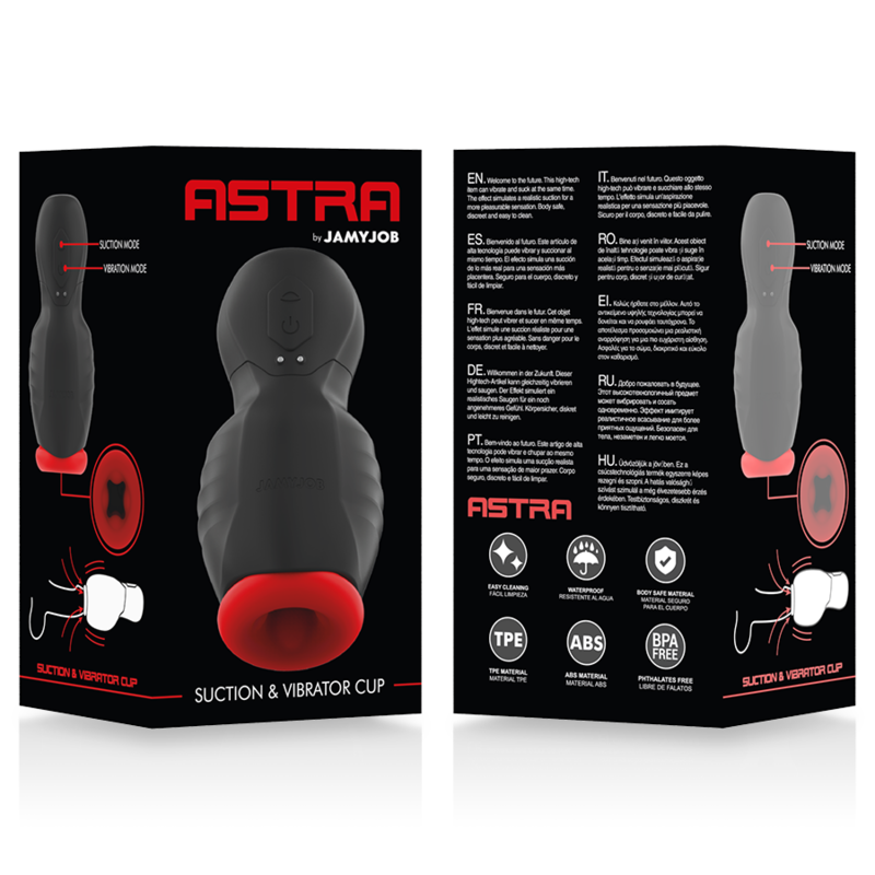 Masturbador masculino JAMYJOB Astra com design ergonómico e funcionalidades de vibração e sucção.
