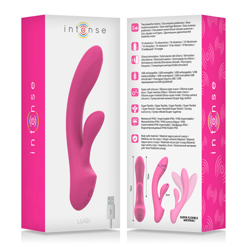 Close-up do Vibrador Coelho Intense Luigi em silicone líquido, destacando seu design ergonômico e estimulador clitoriano para dupla estimulação.