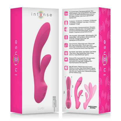Close-up do Vibrador Coelho Intense Luigi em silicone líquido, destacando seu design ergonômico e estimulador clitoriano para dupla estimulação.
