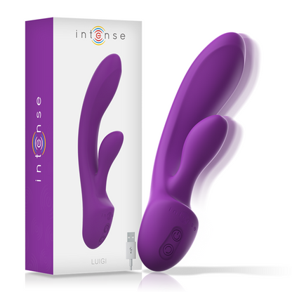 Close-up do Vibrador Coelho Intense Luigi de Silicone Líquido Roxo, mostrando seu design ergonômico e estimulador clitoriano.