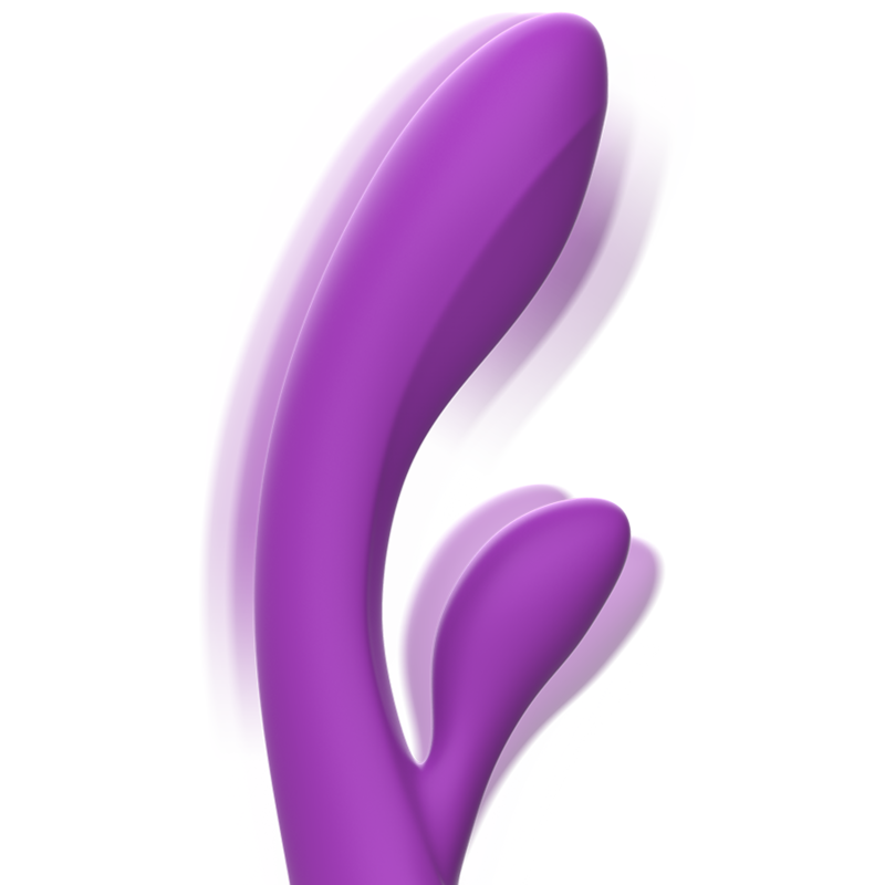 Close-up do Vibrador Coelho Intense Luigi de Silicone Líquido Roxo, mostrando seu design ergonômico e estimulador clitoriano.
