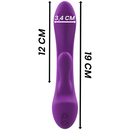 Close-up do Vibrador Coelho Intense Luigi de Silicone Líquido Roxo, mostrando seu design ergonômico e estimulador clitoriano.