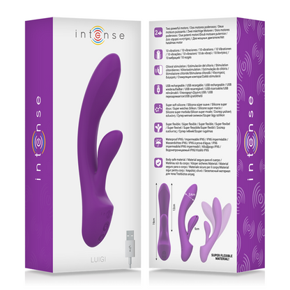 Close-up do Vibrador Coelho Intense Luigi de Silicone Líquido Roxo, mostrando seu design ergonômico e estimulador clitoriano.