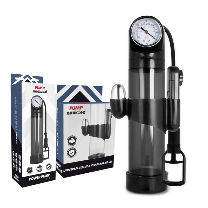 PUMP ADDICTED Bomba de Vácuo Peniana RX9 com Vibrador, exibindo design e funcionalidades.
