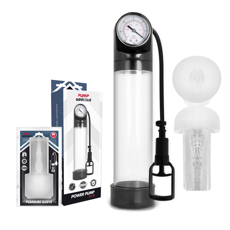 Close-up of the Pump Addicted Bomba Peniana RX9 Transparente com Masturbador showing its design and features.