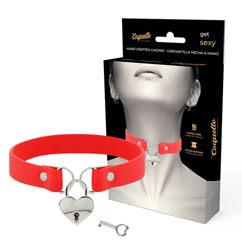 Colar Coquette Chic Desire de couro vegano vermelho com acessório de coração e chave