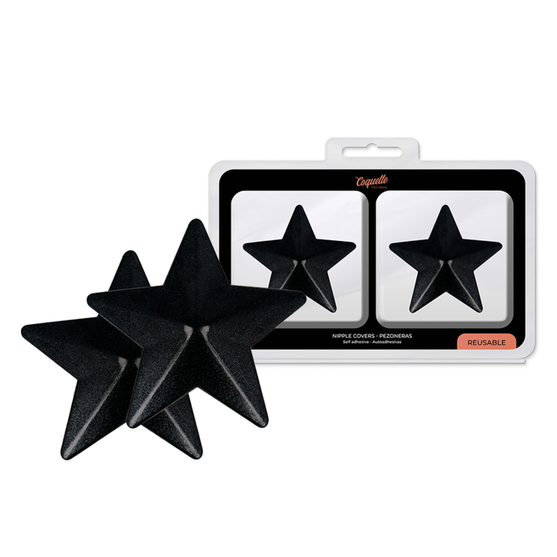 Close-up das Coberturas para Mamilos COQUETTE CHIC DESIRE Black Stars, destacando o design em estrela e material.