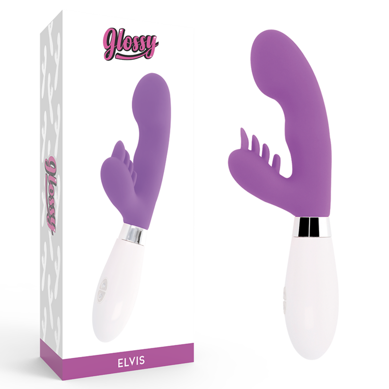 Close-up do Vibrador de Coelho GLOSSY Elvis Roxo, destacando o design ergonómico de silicone e o estimulador.