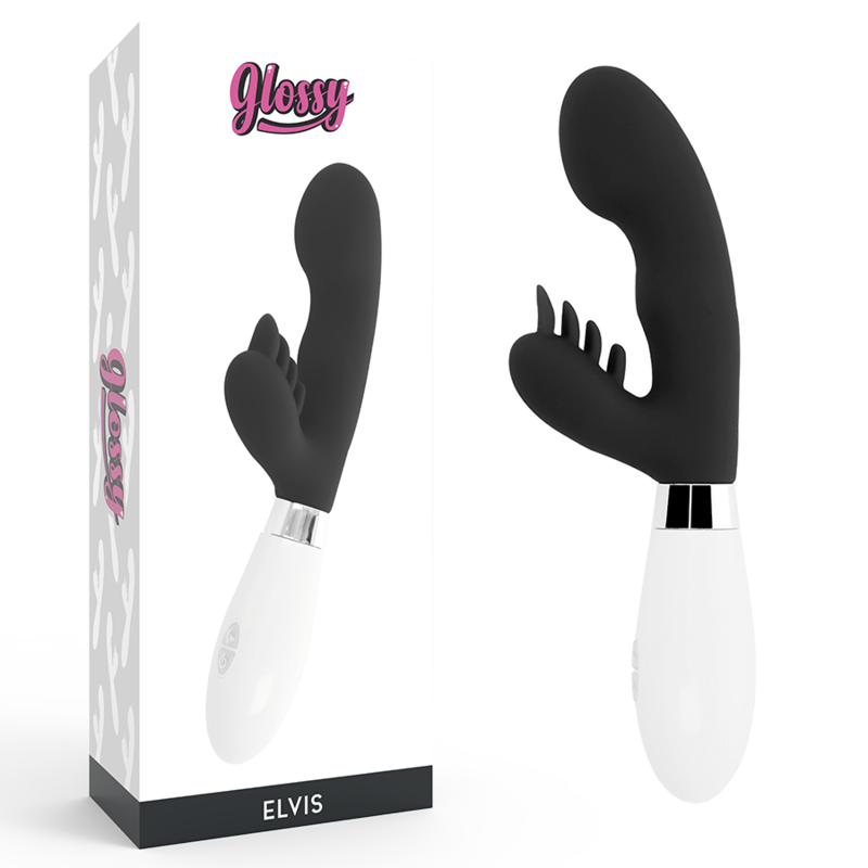 Vista detalhada do vibrador coelho GLOSSY Elvi Preto de silicone com estimulador clitoriano.