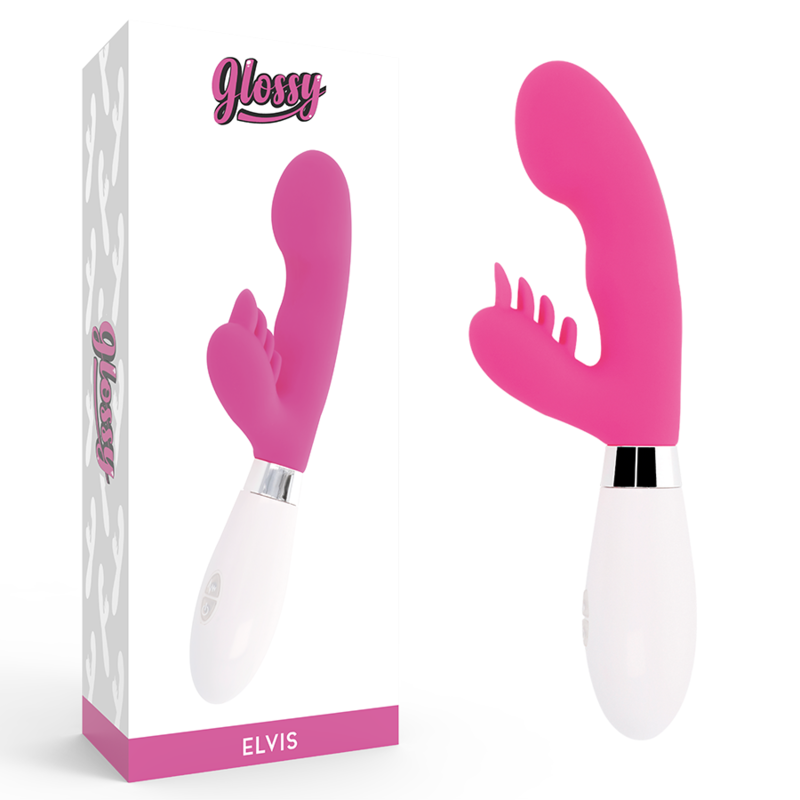 Close-up do vibrador coelho GLOSSY Elvi Rosa, mostrando seu design ergonómico e material de silicone.