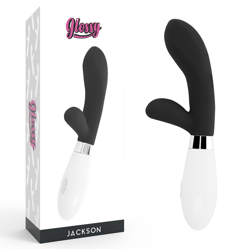 Vibrador Glossy Jackson Coelho Preto de silicone com estimulador clitoriano e motor duplo