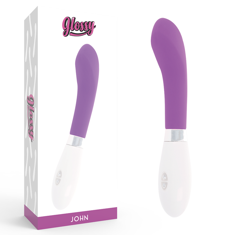 GLOSSY Vibrador John Curvo Roxo, mostrando seu design ergonómico e cor vibrante.