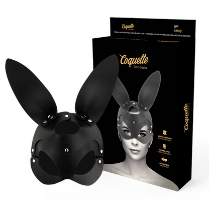 Máscara Coquette Chic Desire de couro vegano com orelhas de coelho para sedução e fantasia.