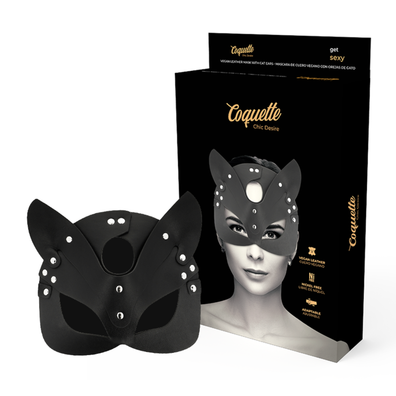 Máscara Coquette Chic Desire de couro vegano preto com orelhas de gato, para um look sensual e misterioso.