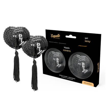 Coberturas para mamilos Coquette Chic Desire de lantejoulas pretas, detalhe do brilho e adesivo.