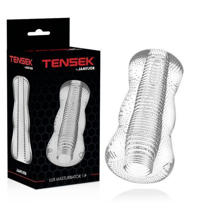 Close-up of the JAMYJOB Masturbador Masculino Extreme Tensek 1 Transparente, showing its unique internal textures and transparent design.