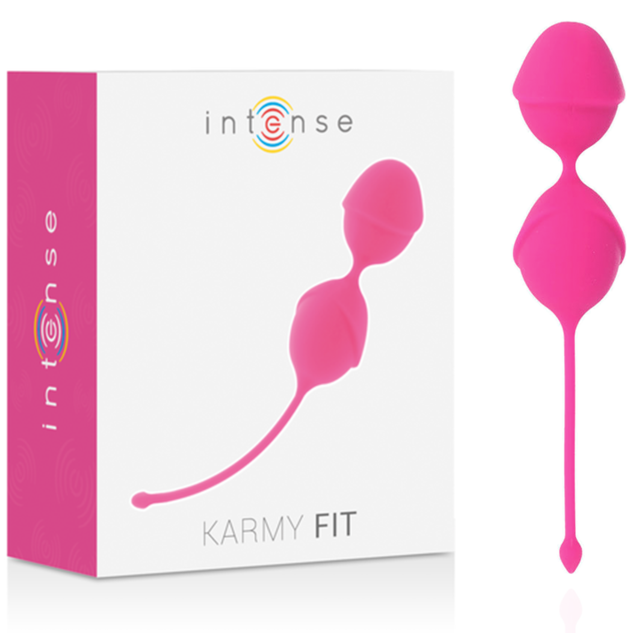 Close-up das Bolas Kegel Karmy Fit Silicone Fúcsia da Intense, mostrando sua forma ergonómica e cor vibrante.
