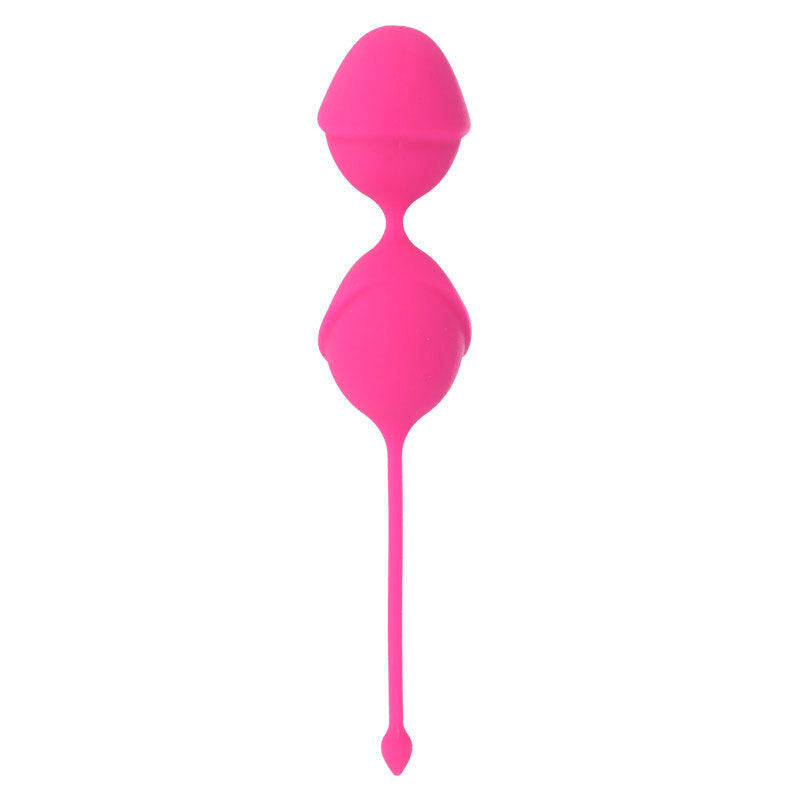 Close-up das Bolas Kegel Karmy Fit Silicone Fúcsia da Intense, mostrando sua forma ergonómica e cor vibrante.