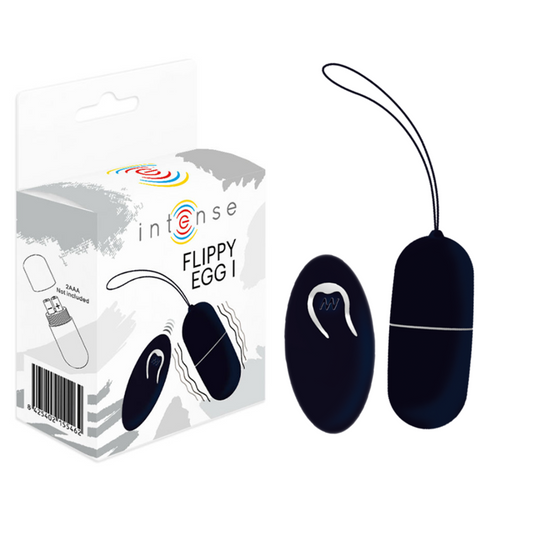 INTENSE Flippy I Vibrador Ovo com Controle Remoto em silicone preto, mostrando seu design compacto e elegante.