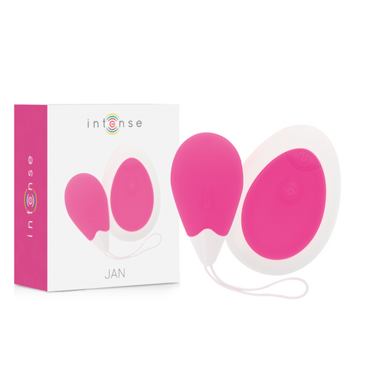 Close-up do Ovo Vibrador Intense Jan com Controle Remoto Recarregável Rosa, destacando seu design em silicone macio.