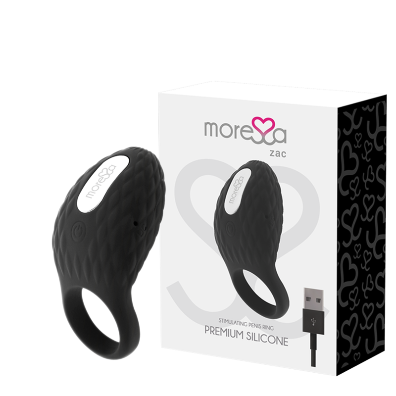 Imagem detalhada do MORESSA Anel Vibrante Recarregável Premium Zac, mostrando seu design ergonómico e material de silicone.