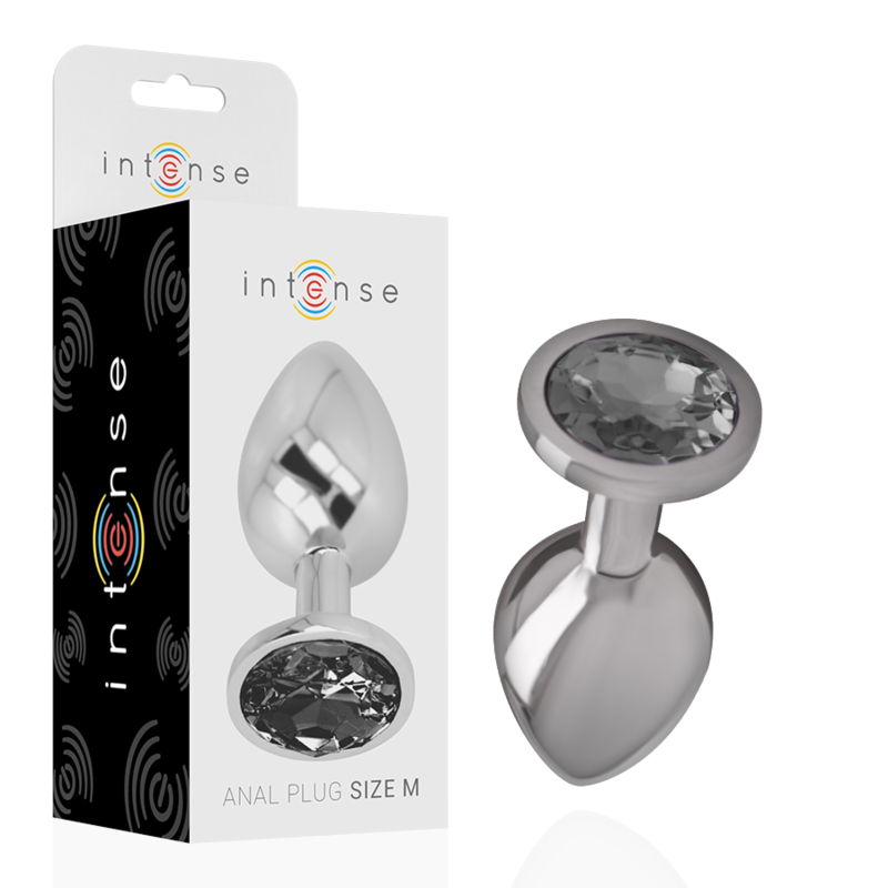 Close-up do Plug Anal Intense de Metal com Joia de Vidro Preto M, mostrando seu design luxuoso e material.