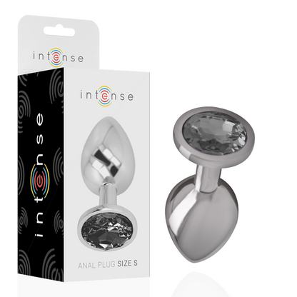Intense Plug Anal de Metal com Cristal Preto Tamanho S, detalhe do cristal e superfície metálica.