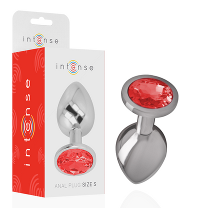 Close-up do Intense Plug Anal de Metal com Cristal Vermelho S, destacando seu brilho e design elegante.