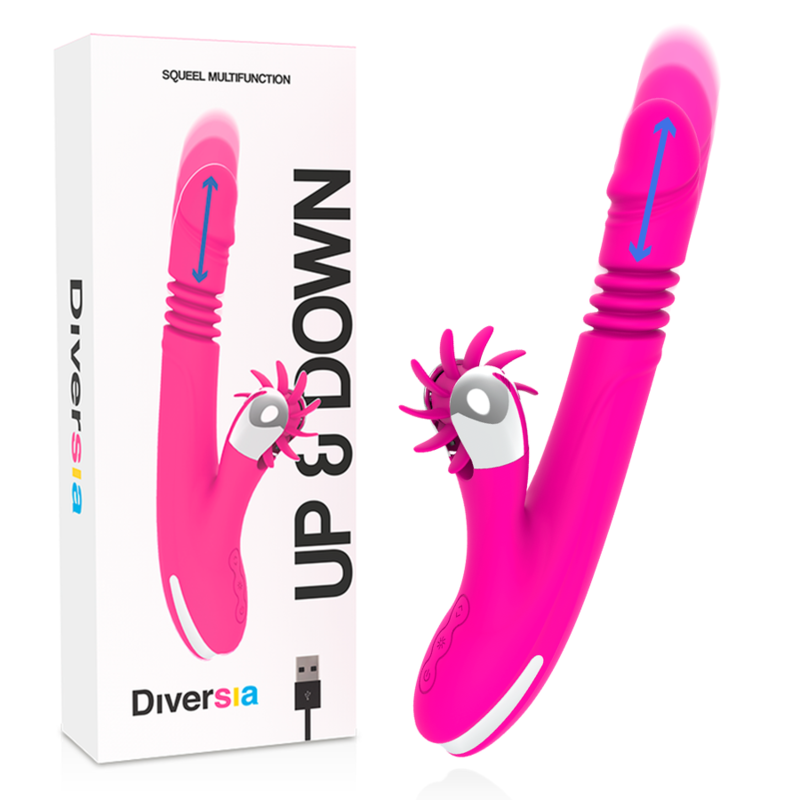 Close-up do DIVERSIA Vibrador Coelho Up & Down 24 CM, mostrando o design ergonómico e a textura de silicone.