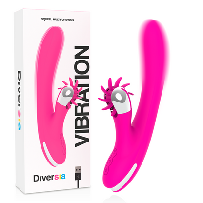 Close-up do DIVERSIA Vibrador Coelho 24cm com estimulador clitoriano, mostrando textura de silicone macio.