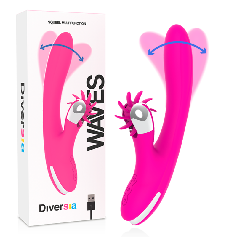 Close-up do Vibrador DIVERSIA Ondas do Coelho 24 CM, destacando o design ergonómico e o estimulador clitoriano.