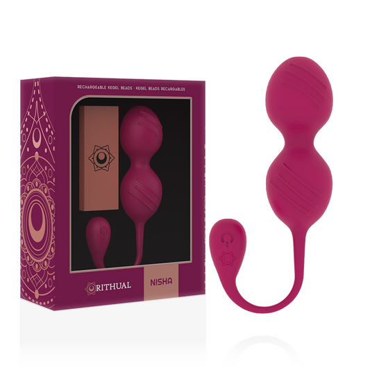 Close-up das Bolas de Kegel Vibratórias Recarregáveis RITHUAL Nisha Orquídea, mostrando seu design ergonómico e material de silicone.