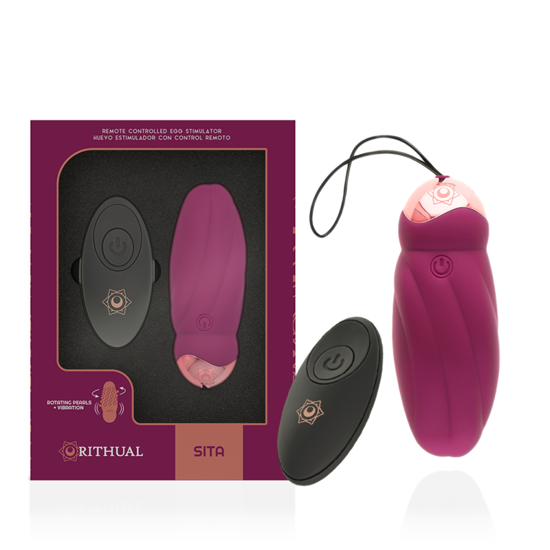 Ovo Vibratório RITHUAL Sita com controle remoto, mostrando o design elegante e as funções de rotação e vibração.