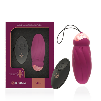Ovo Vibratório RITHUAL Sita com controle remoto, mostrando o design elegante e as funções de rotação e vibração.