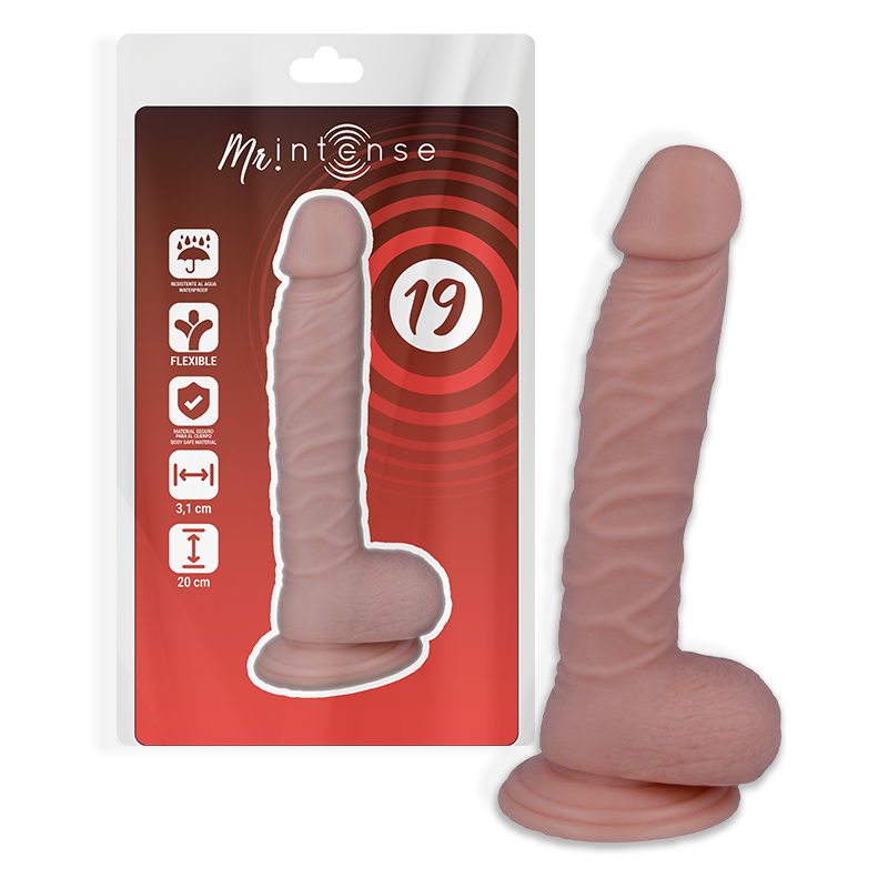 Close-up do Dildo Realista MR INTENSE 20cm x 3.1cm, mostrando sua textura realista e ventosa.