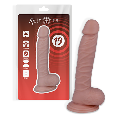Close-up do Dildo Realista MR INTENSE 20cm x 3.1cm, mostrando sua textura realista e ventosa.